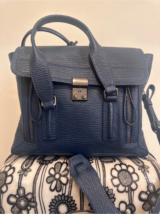 3.1 Phillip Lim Handbags - 3.1 Phillip Lim Navy Textured Leather Satchel with Adjustable Strap